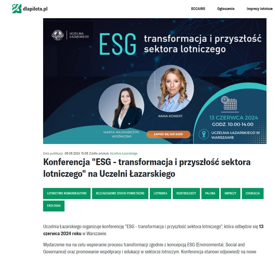 Plakat konferencji ESG dla sektora lotniczego na Uczelni Łazarskiego, 13 czerwca 2024. Prelegenci: Marta Włodarczyk-Woźniczko i Anna Konert. Zapisz się już dziś!