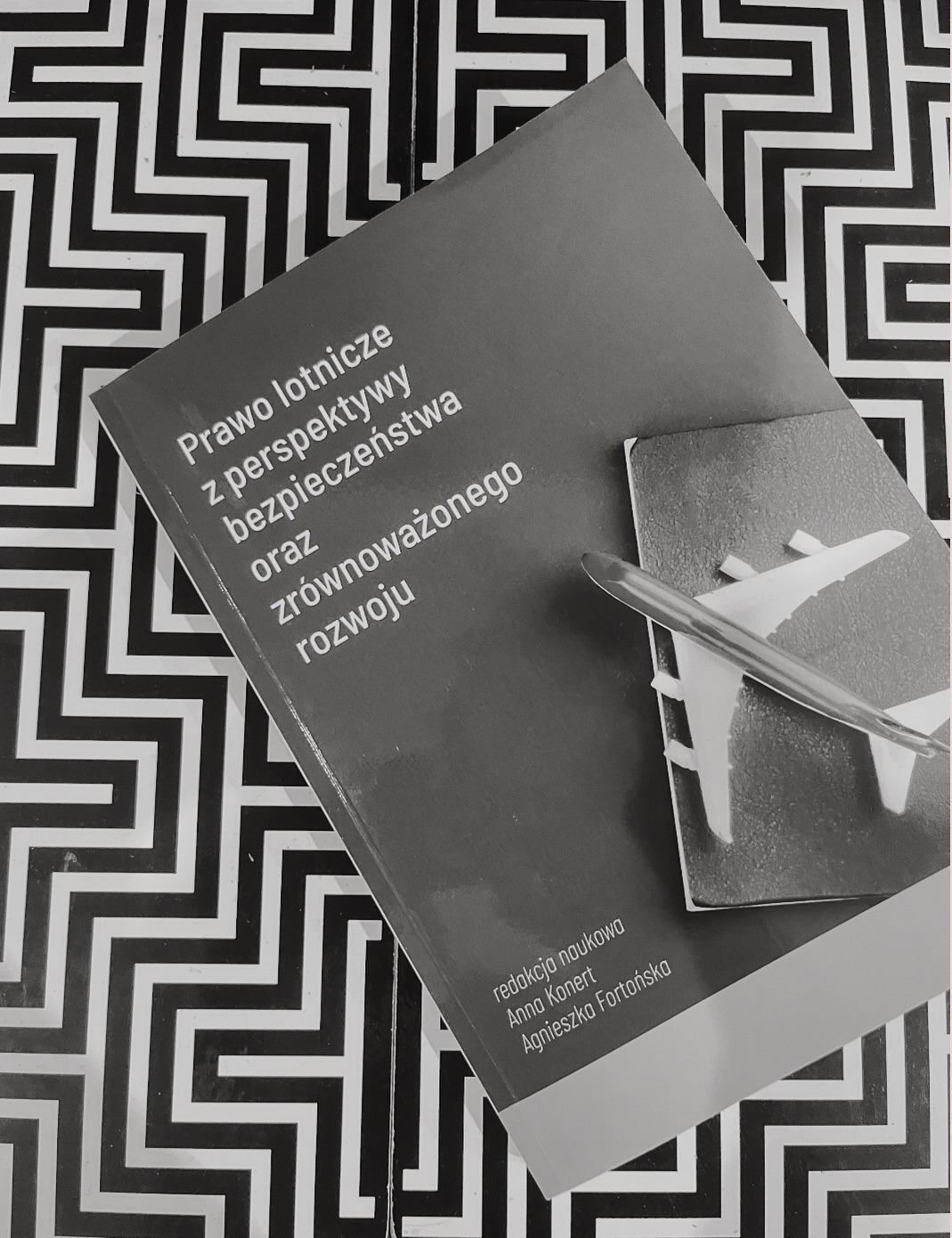 Książka 'Prawo lotnicze z perspektywy bezpieczeństwa' leży na wzorzystym tle, obok paszportu i modelu samolotu. Publikacja z zakresu prawa lotniczego.