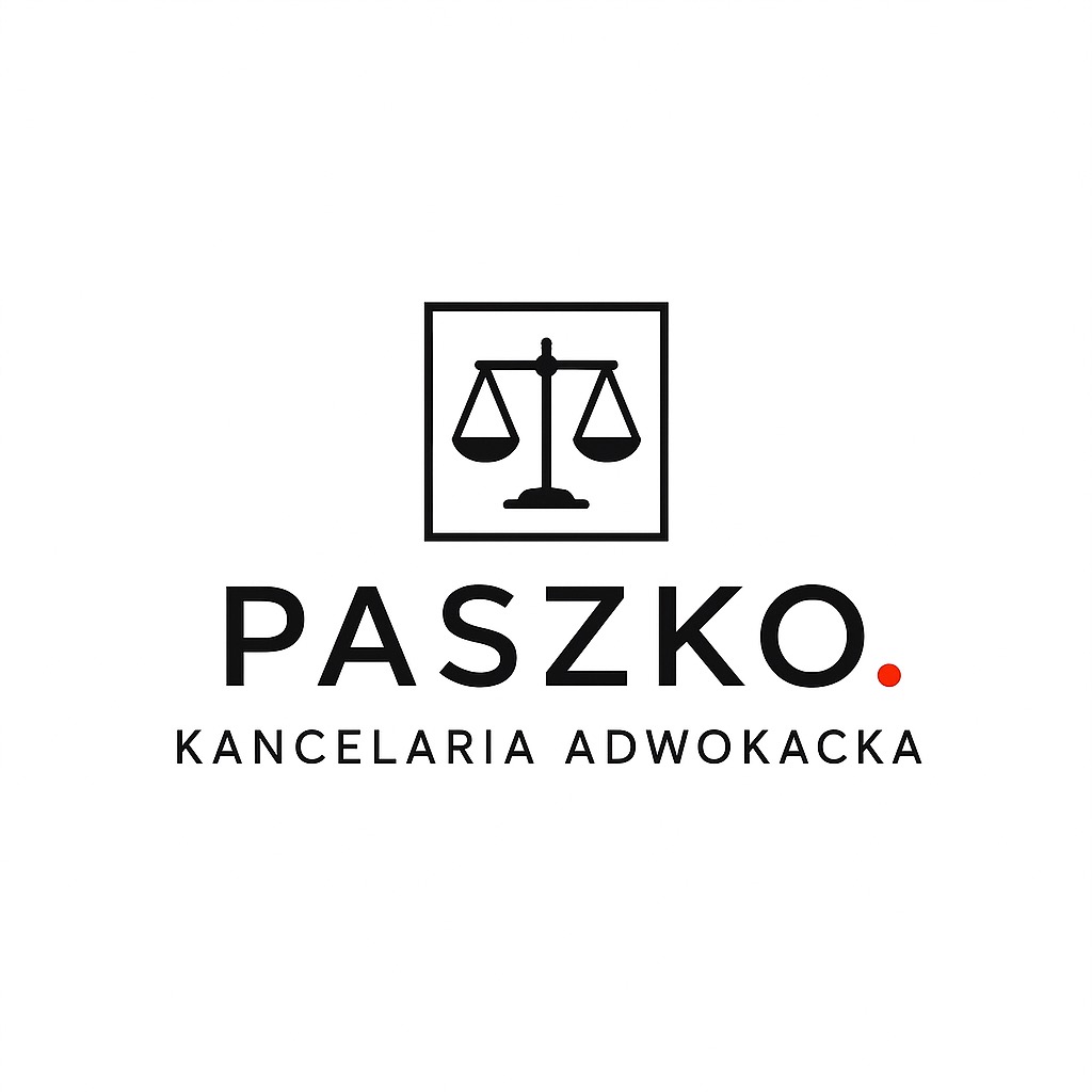 Logo kancelarii adwokackiej Paszko z symbolem wagi w czarnej ramce, nazwa firmy i dopisek 'Kancelaria Adwokacka' w czerni na białym tle, z czerwoną kropką.