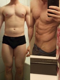 Porównanie sylwetki przed i po treningu: po lewej mniej umięśniona figura w kąpielówkach, po prawej widoczne mięśnie brzucha i klatki piersiowej, selfie w lustrze.