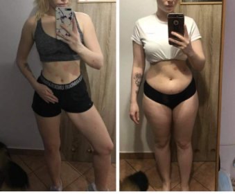 Zdjęcie typu 'przed i po' przedstawia sylwetkę kobiety. Po lewej wysportowana w topie i spodenkach, po prawej w białej koszulce i bieliźnie, z mniej widocznymi mięśniami.