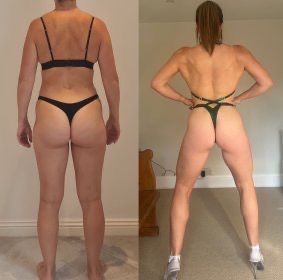 Kobieta prezentuje transformację sylwetki: zdjęcie 'przed' po lewej, 'po' po prawej. Widoczne zmiany w definicji mięśni pleców i nóg. Strój kąpielowy, neutralne tło.