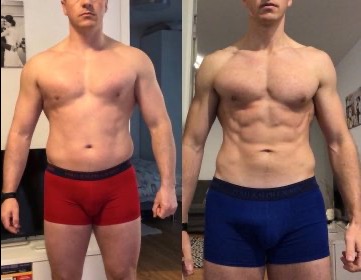 Mężczyzna przed i po treningu: widoczna redukcja tkanki tłuszczowej i zarysowane mięśnie brzucha. Czerwone i niebieskie bokserki, domowe tło.