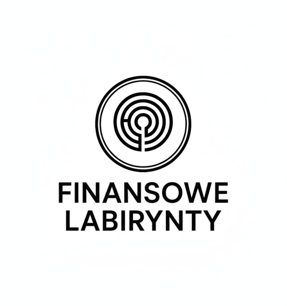 Grafika: czarny logotyp 'Finansowe Labirynty' z symbolem labiryntu w okręgu na białym tle. Minimalistyczny design, sugerujący złożoność finansów.