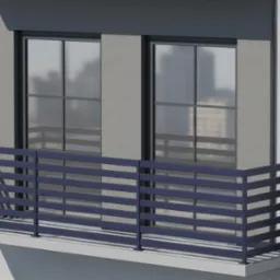 Nowoczesna, pozioma balustrada balkonowa w kolorze grafitowym, z widokiem na okna i fragment budynku. Minimalistyczny design, równoległe profile, cień na ścianie.