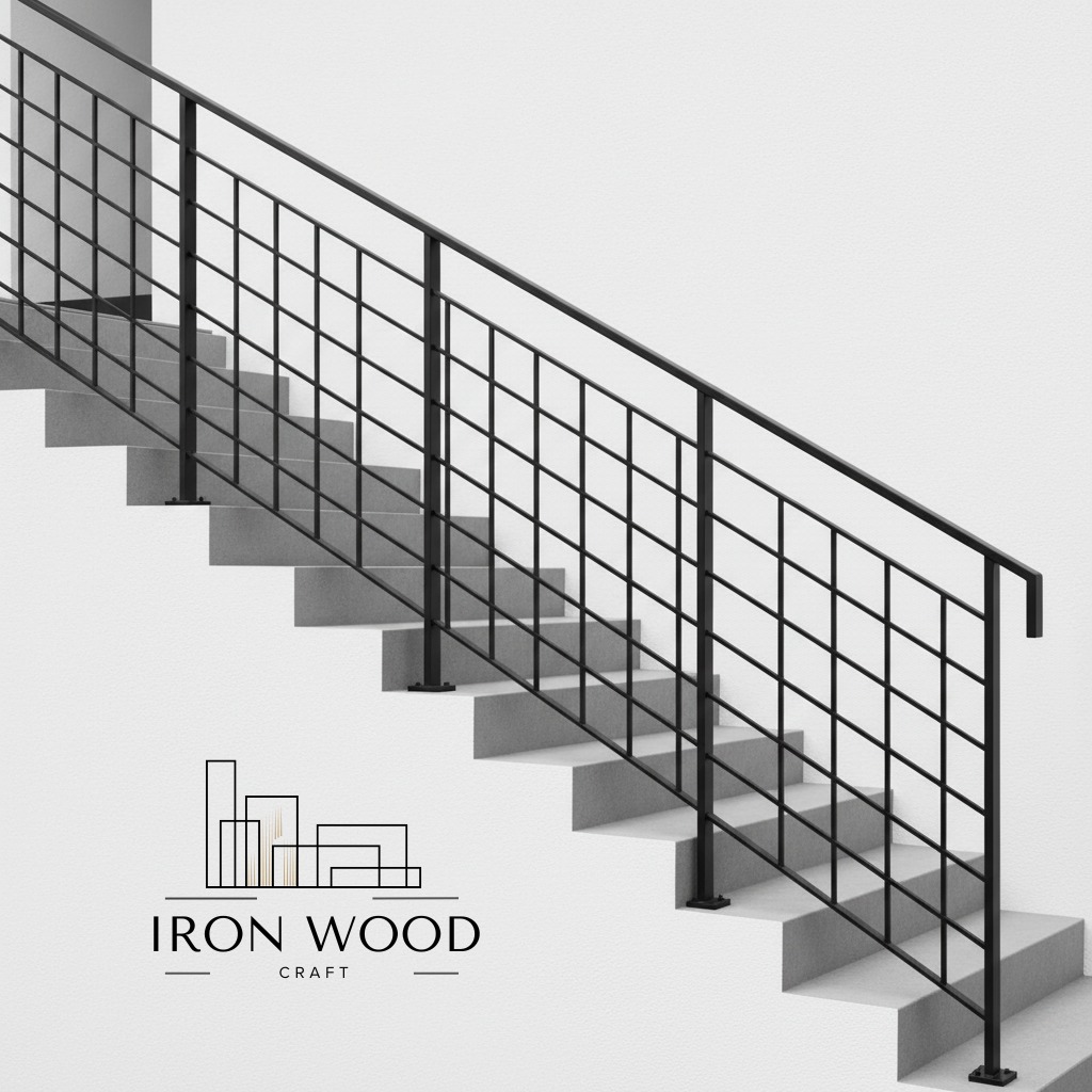 Minimalistyczne schody z czarną, metalową poręczą o geometrycznym wzorze, osadzoną na szarych stopniach. Widoczny logotyp firmy Iron Wood Craft.