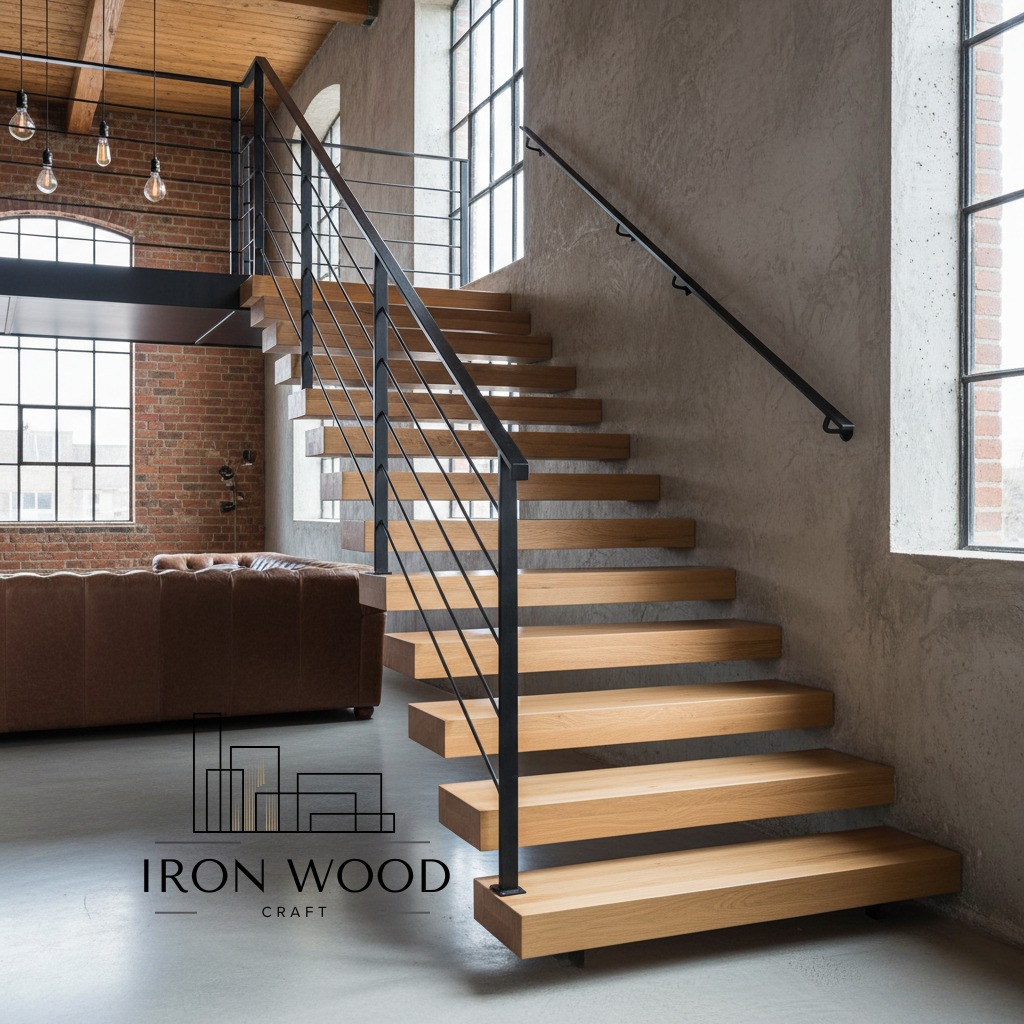 Drewniane schody z czarną, metalową balustradą w loftowym wnętrzu. Widoczne duże okna i ceglana ściana. Minimalistyczny design z dbałością o detale.