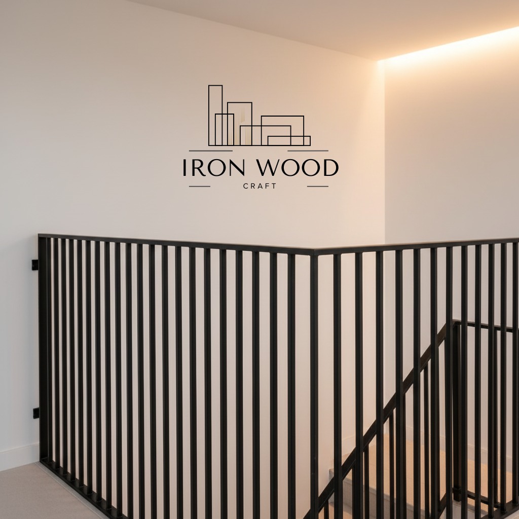 Minimalistyczna, czarna balustrada schodowa z pionowymi szczeblami w Nakle nad Notecią. Nowoczesny design, logo firmy na ścianie, jasne wnętrze.