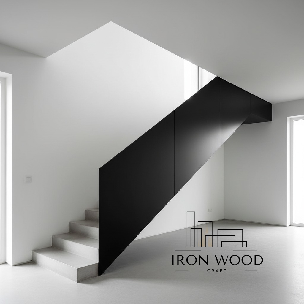 Minimalistyczne schody z czarną, metalową balustradą w nowoczesnym wnętrzu. Jasne ściany i podłoga podkreślają geometryczny design.