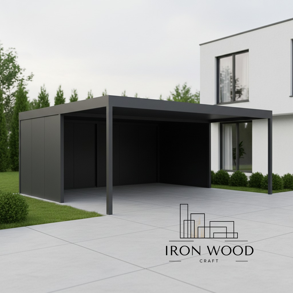 Nowoczesna, grafitowa pergola metalowa przy białym domu z dużymi oknami. Minimalistyczny design, równa nawierzchnia, zieleń w tle. Logo firmy na pierwszym planie.