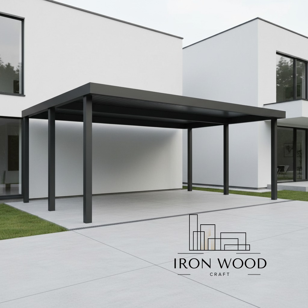 Nowoczesna, minimalistyczna pergola metalowa w kolorze antracytowym, przylegająca do białego budynku. Widoczny fragment trawnika i betonowa nawierzchnia.