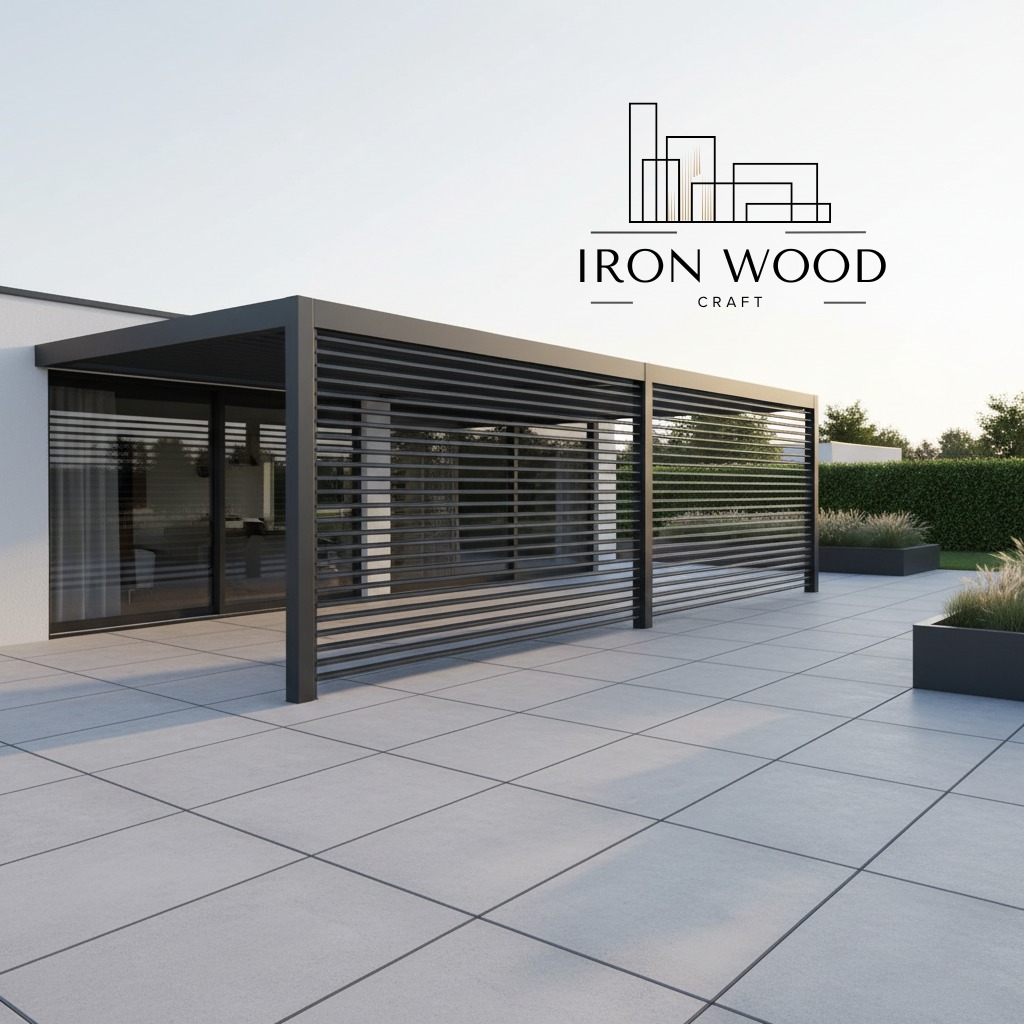 Nowoczesna pergola metalowa z lamelami, przylegająca do budynku z dużymi oknami, na tle jasnej kostki brukowej i zieleni. Minimalistyczny design.