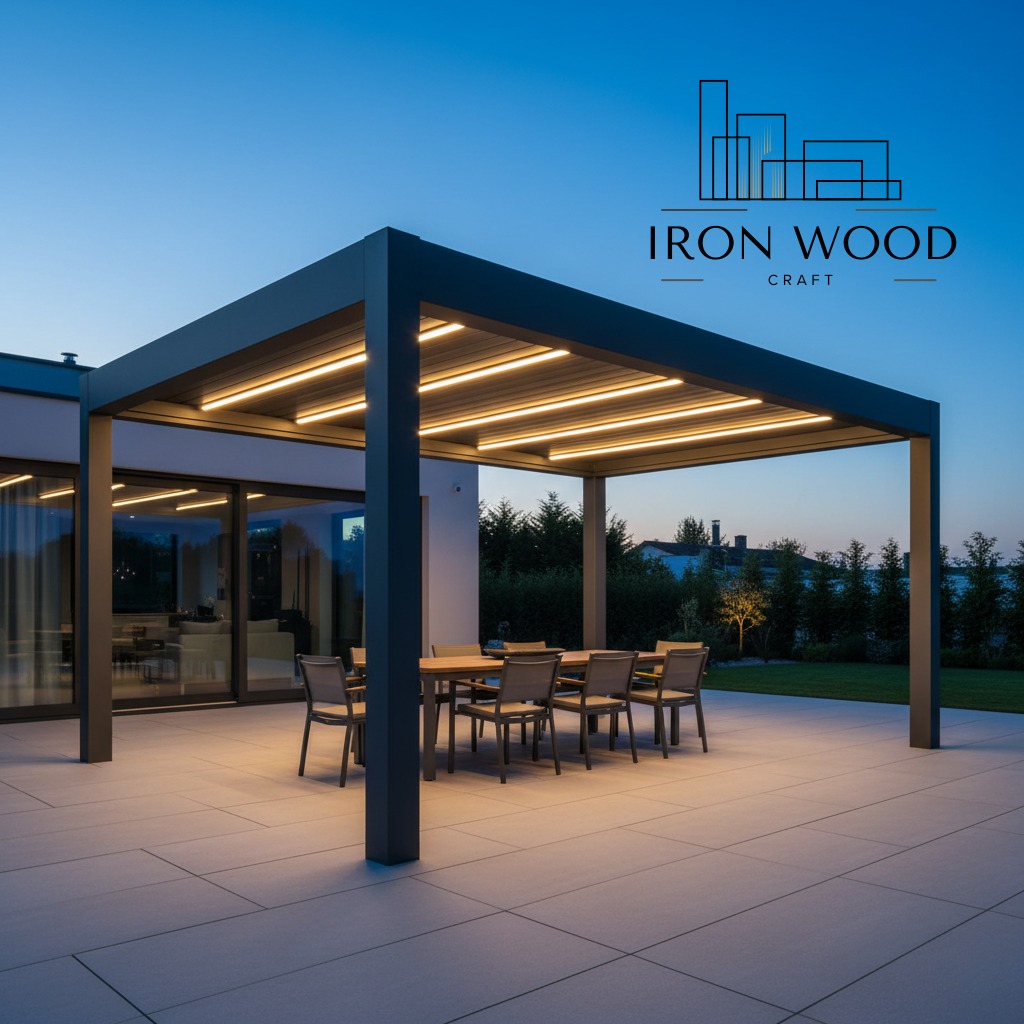 Nowoczesna pergola metalowa z oświetleniem LED, ustawiona na tarasie z płyt. Widoczne krzesła i stół. Tło stanowi budynek i zieleń. Ujęcie wieczorne.