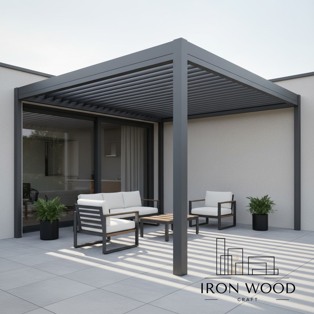 Nowoczesna, szara pergola metalowa z lamelami, oświetlona promieniami słońca, tworząca cień na tarasie z meblami ogrodowymi i roślinami w donicach.