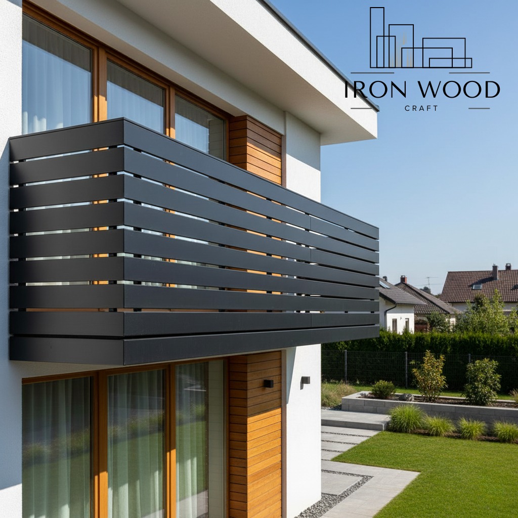 Nowoczesna, czarna balustrada balkonowa z poziomych profili, zamontowana na białym budynku z drewnianą elewacją. Widok z dołu, w tle domy i błękitne niebo.