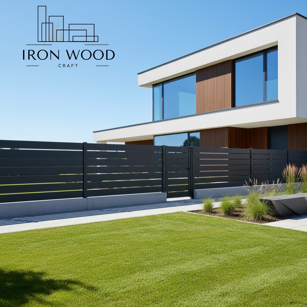 Nowoczesne, poziome ogrodzenie panelowe w kolorze antracytowym z furtką, na tle domu z dużymi oknami i zadbanym trawnikiem. Minimalistyczny design.