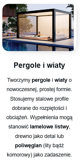 Nowoczesna pergola z czarną ramą i przezroczystymi ścianami, stojąca obok basenu. Minimalistyczny design, jasne oświetlenie, widok na zieleń w tle.