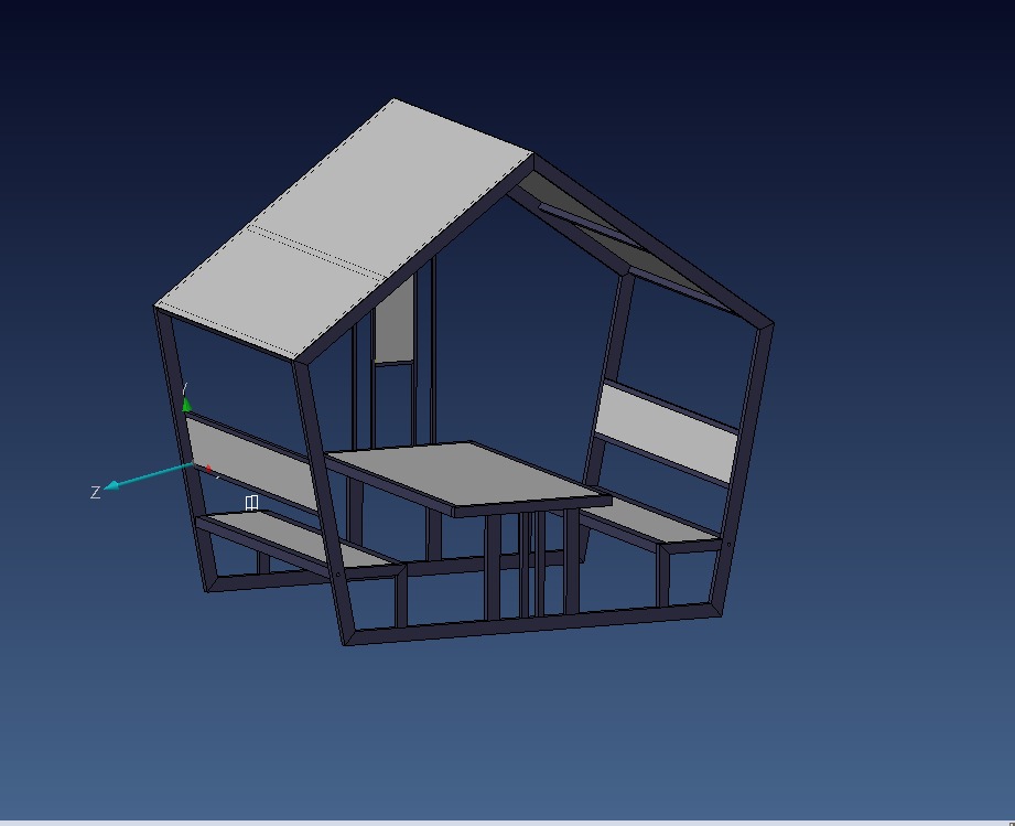 Model 3D metalowej pergoli z siedziskami i stołem, na jednolitym niebieskim tle. Widoczny układ konstrukcyjny i elementy wykończeniowe.