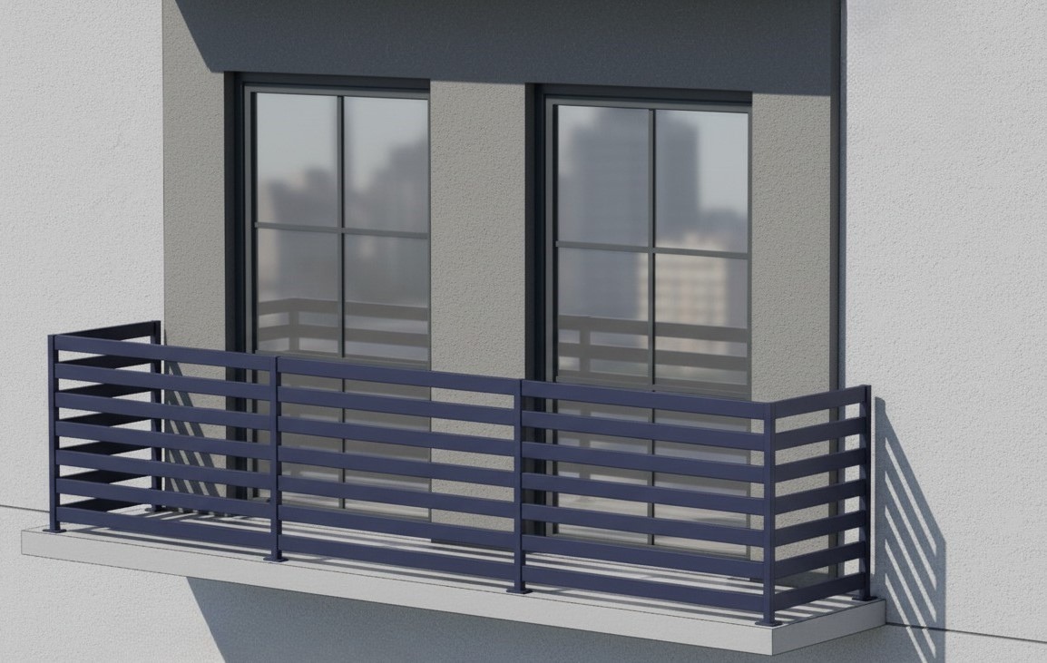 Nowoczesna, pozioma balustrada balkonowa w kolorze grafitowym, z widokiem na okna i fragment budynku. Minimalistyczny design, równoległe profile, cień na ścianie.