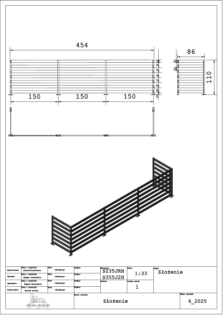 Rzut techniczny 3D ogrodzenia metalowego z wymiarami, Nakło nad Notecią. Schemat złożenia z oznaczeniami materiałów i skali. Dokumentacja projektowa.