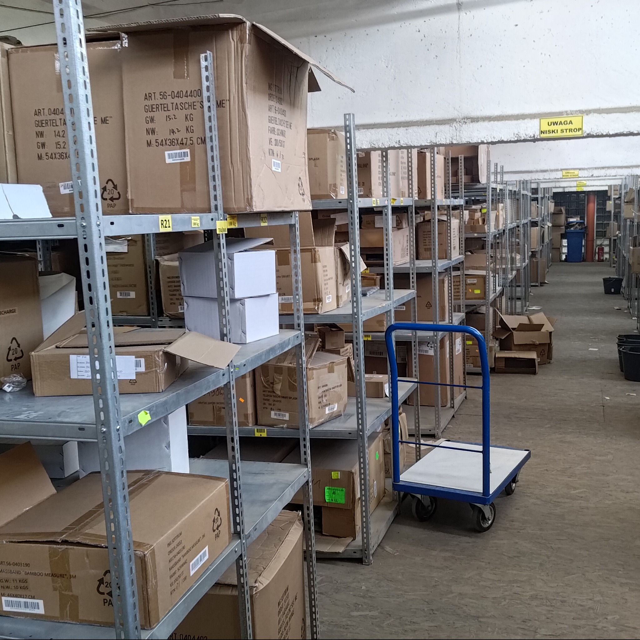 Magazyn z metalowymi regałami wypełnionymi kartonami. W tle wózek transportowy i tabliczka ostrzegawcza 'Uwaga niski strop'. Widok na długi korytarz magazynowy.