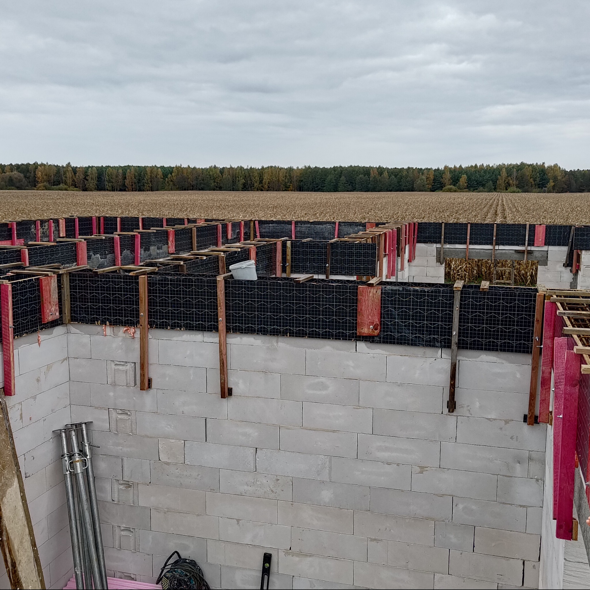 Budowa domu: fundamenty z bloczków, zbrojenie siatką i drewnianym szalunkiem. W tle pole i las pod pochmurnym niebem. Widoczne podpory i narzędzia.