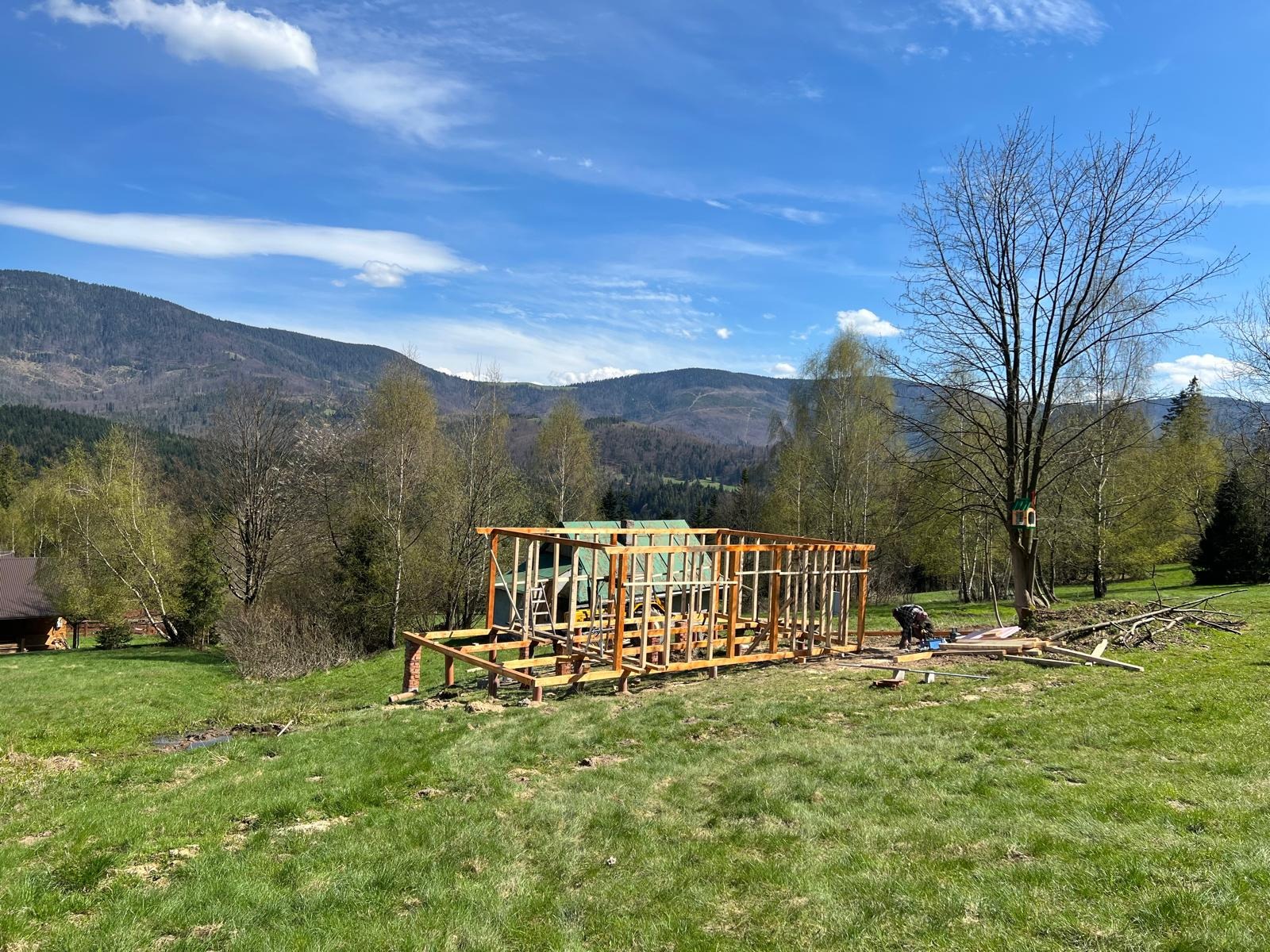 Drewniana konstrukcja szkieletowa domu w trakcie budowy na zielonej działce z widokiem na góry i błękitne niebo. Widoczny pracownik przy pracy.