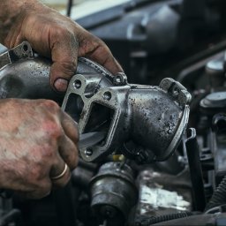 SEBASTIAN WACHECKI PowerUP Mechanika Pojazdowa - Brudne ręce mechanika czyszczą metalową część silnika samochodowego narzędziem, na tle widoczny silnik i inne elementy pojazdu.