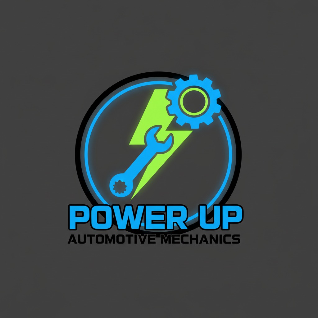 Neonowe logo warsztatu samochodowego: klucz, zębatka i błyskawica w okręgu. Napis 'POWER UP AUTOMOTIVE MECHANICS'.