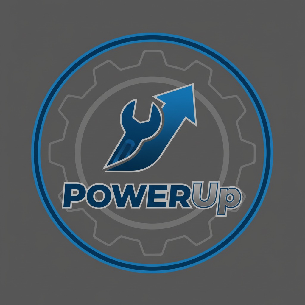 Logo 'PowerUp' w niebiesko-szarej kolorystyce. Klucz francuski wkomponowany w strzałkę skierowaną ku górze, otoczony kołem z zębatką w tle.
