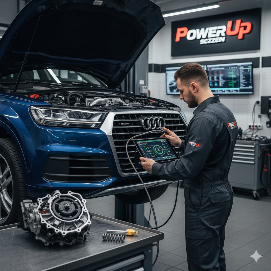 Diagnostyka Audi Q7: Mechanik w kombinezonie PowerUp Szczecin podłącza tablet diagnostyczny do auta. Na stole skrzynia biegów i sprężyny.