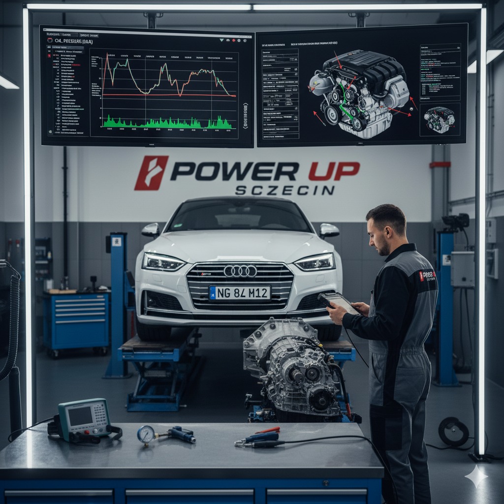 Diagnostyka Audi S5 na podnośniku w warsztacie Power Up Szczecin. Mechanik z tabletem, widoczne wykresy i schemat silnika na monitorach. Skrzynia biegów na stole.