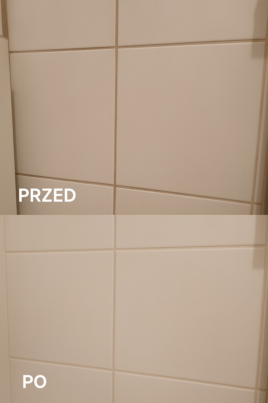 Kafelki ścienne w łazience: górna część 'PRZED' z brudnymi fugami, dolna 'PO' z czystymi fugami. Układ kwadratów, beżowe płytki, zbliżenie.