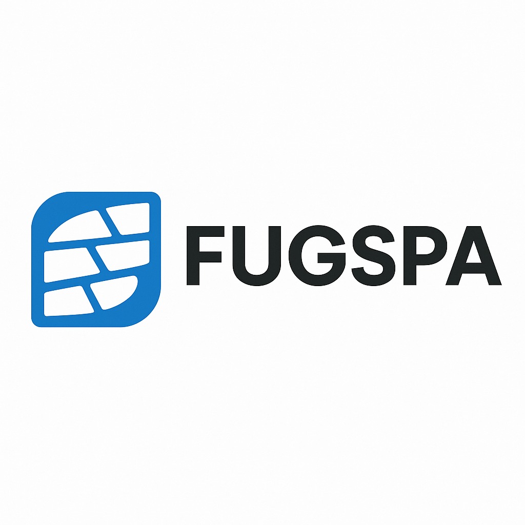 Logo firmy Fugspa: niebieski symbol muru z zaokrąglonymi rogami i czarny napis 'FUGSPA' na białym tle. Minimalistyczny design.
