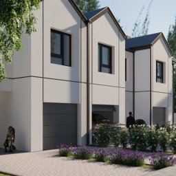 IDK interiors - Wizualizacja szeregu nowoczesnych domów z garażami, otoczonych zielenią i kwiatami. Osoby na chodniku dodają skali i ożywiają scenę. Minimalistyczna architektura.