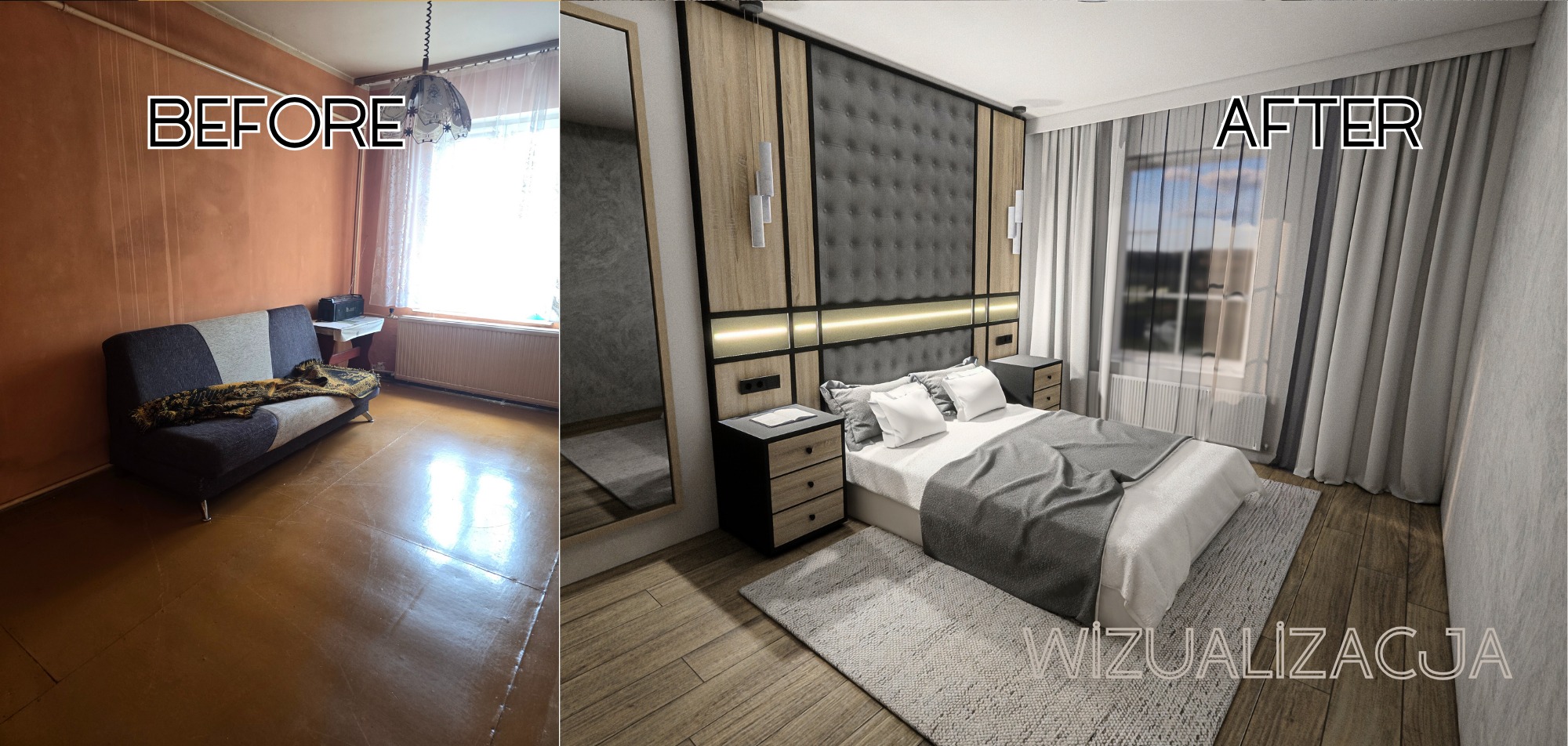 Aranżacja sypialni: porównanie stanu przed i po. Po prawej wizualizacja 3D z łóżkiem, szafkami nocnymi i panelami ściennymi. Po lewej pokój przed zmianami.