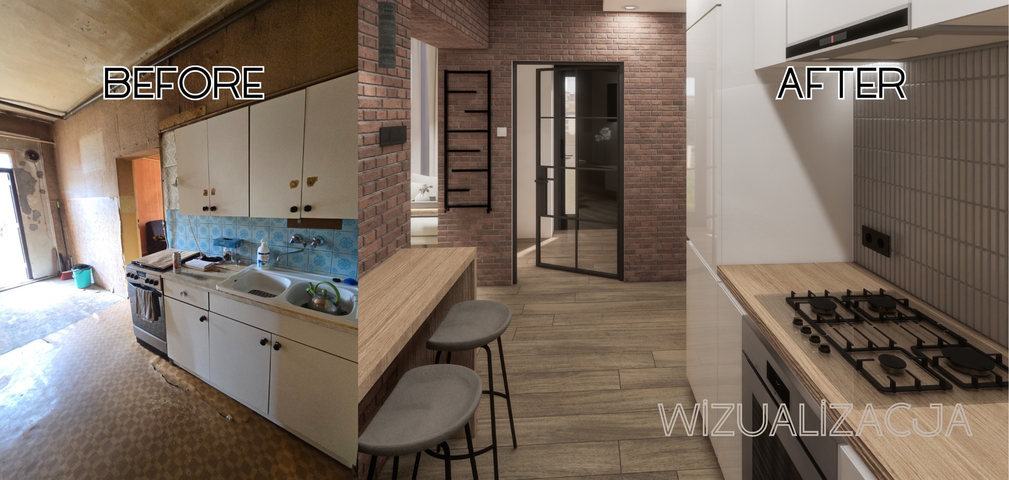 Kuchenna metamorfoza: zestawienie 'przed' z widoczną starą zabudową i 'po' z nowoczesną aranżacją w cegle, drewnianych blatach i minimalistycznym designie. Wizualizacja.