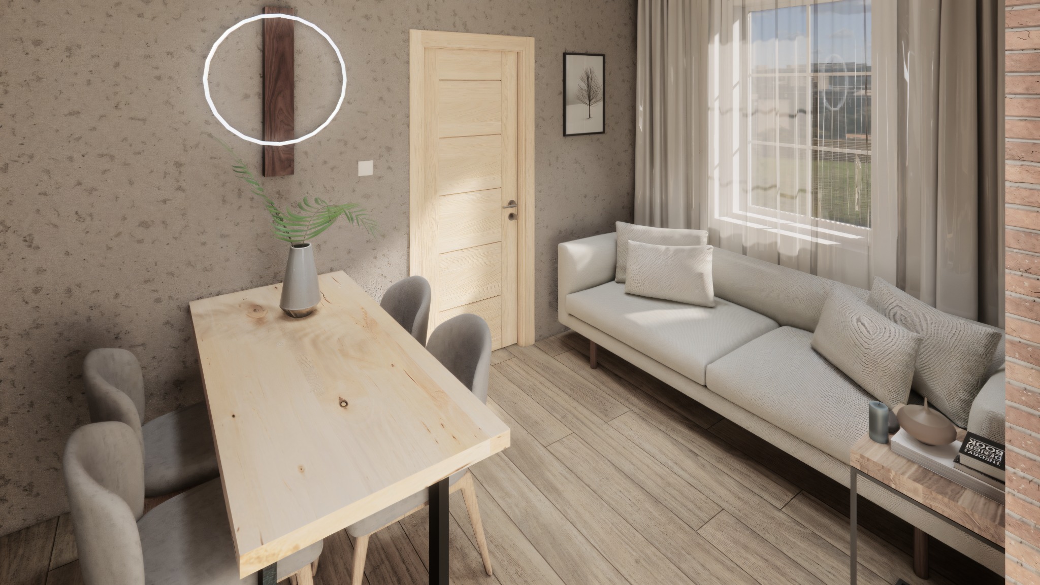 Jasne wnętrze z drewnianym stołem, szarą sofą i minimalistycznymi dekoracjami. Na ścianie drewniana ozdoba z podświetleniem LED. Przytulna aranżacja.