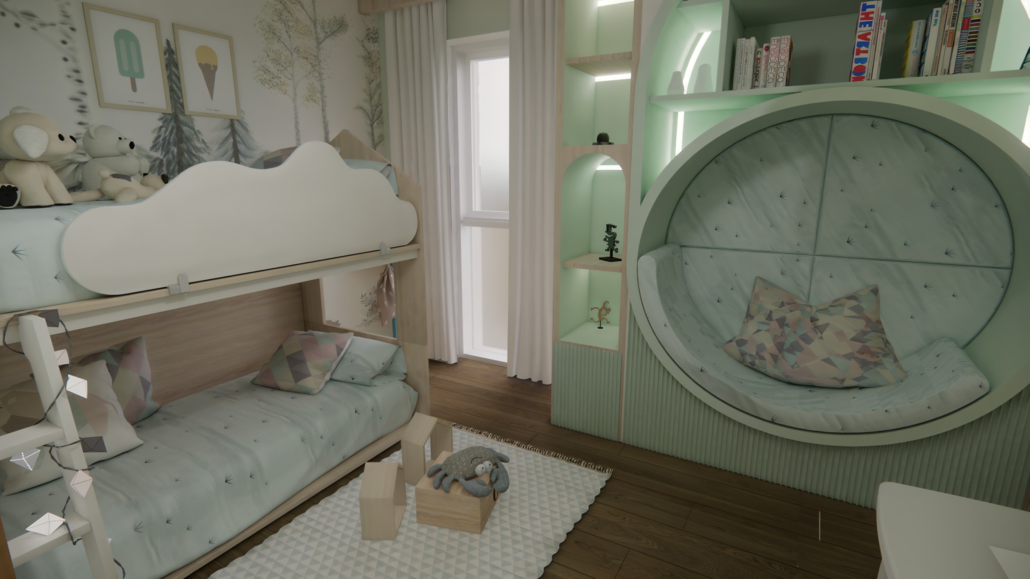 Pokój dziecięcy z łóżkiem piętrowym w kształcie chmury, okrągłą wnęką do siedzenia z poduszką i półkami z książkami, utrzymany w pastelowej, miętowej kolorystyce.