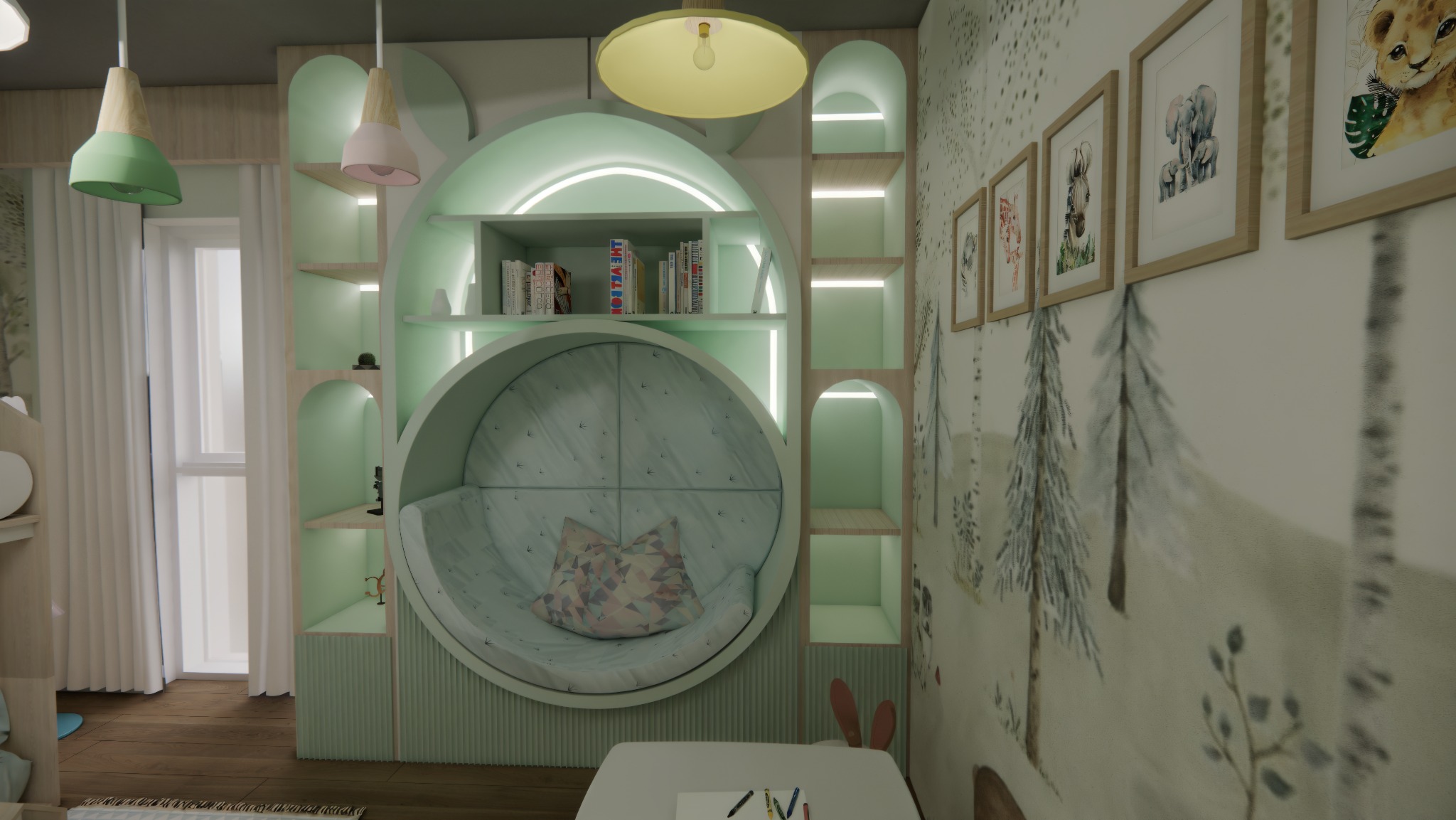Pokój dziecięcy z okrągłym regałem i miejscem do czytania, pastelowe kolory, tapeta w leśny motyw, lampy wiszące. Przytulne i funkcjonalne wnętrze.