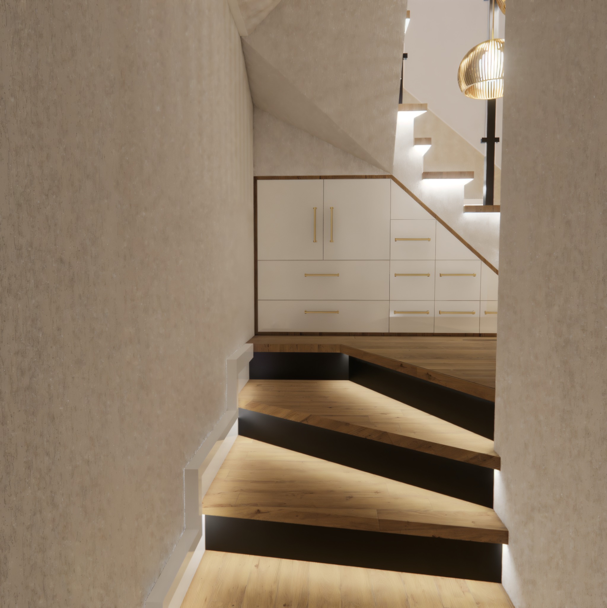 Nowoczesne schody z podświetleniem LED i zabudową szaf pod schodami. Minimalistyczny design, ciepłe oświetlenie, jasne kolory ścian i drewniane elementy.