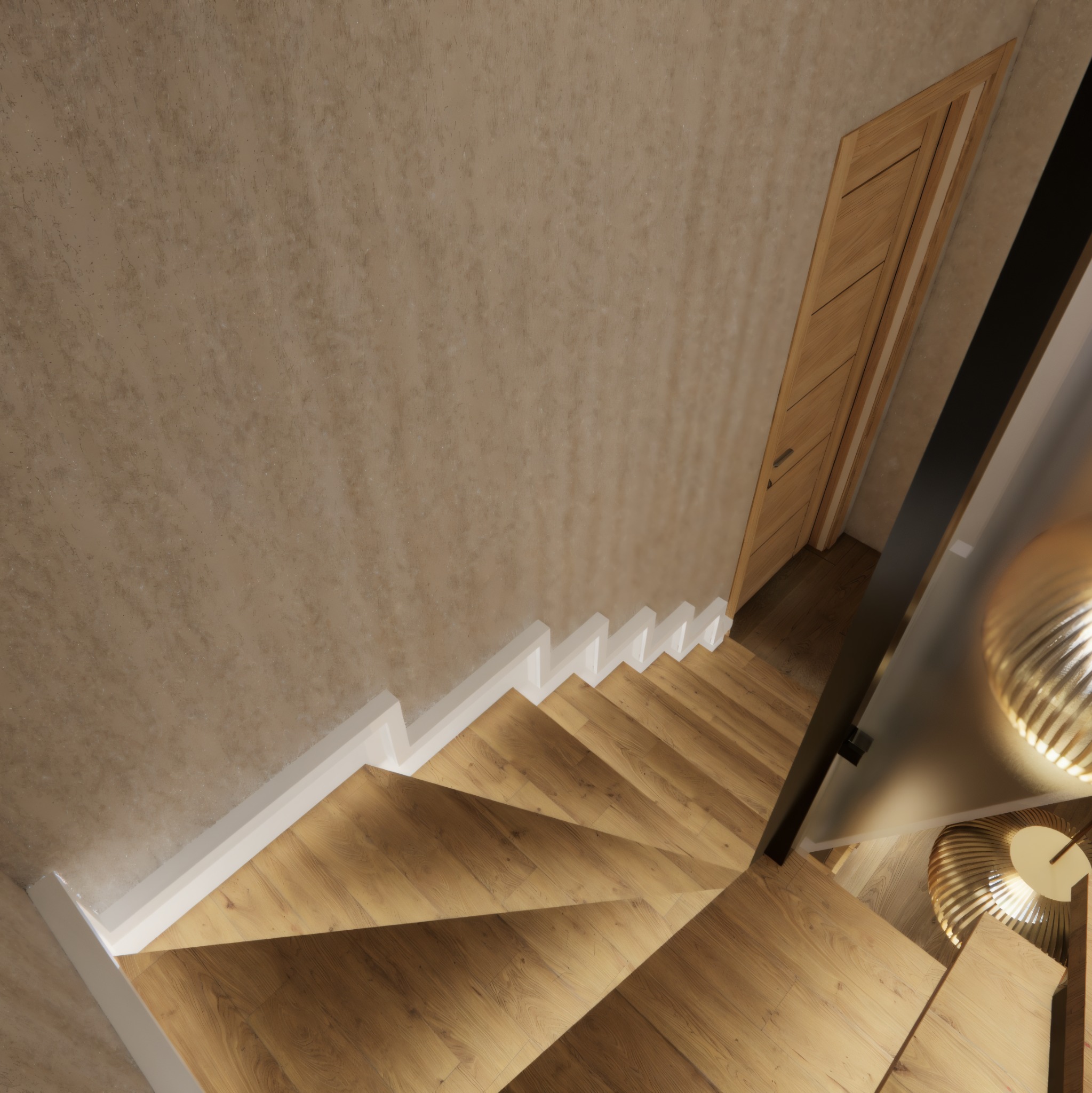 Nowoczesne schody z drewnianymi stopniami i białymi listwami przypodłogowymi, widok z góry, oświetlone lampą z ażurowym kloszem. Minimalistyczny design.