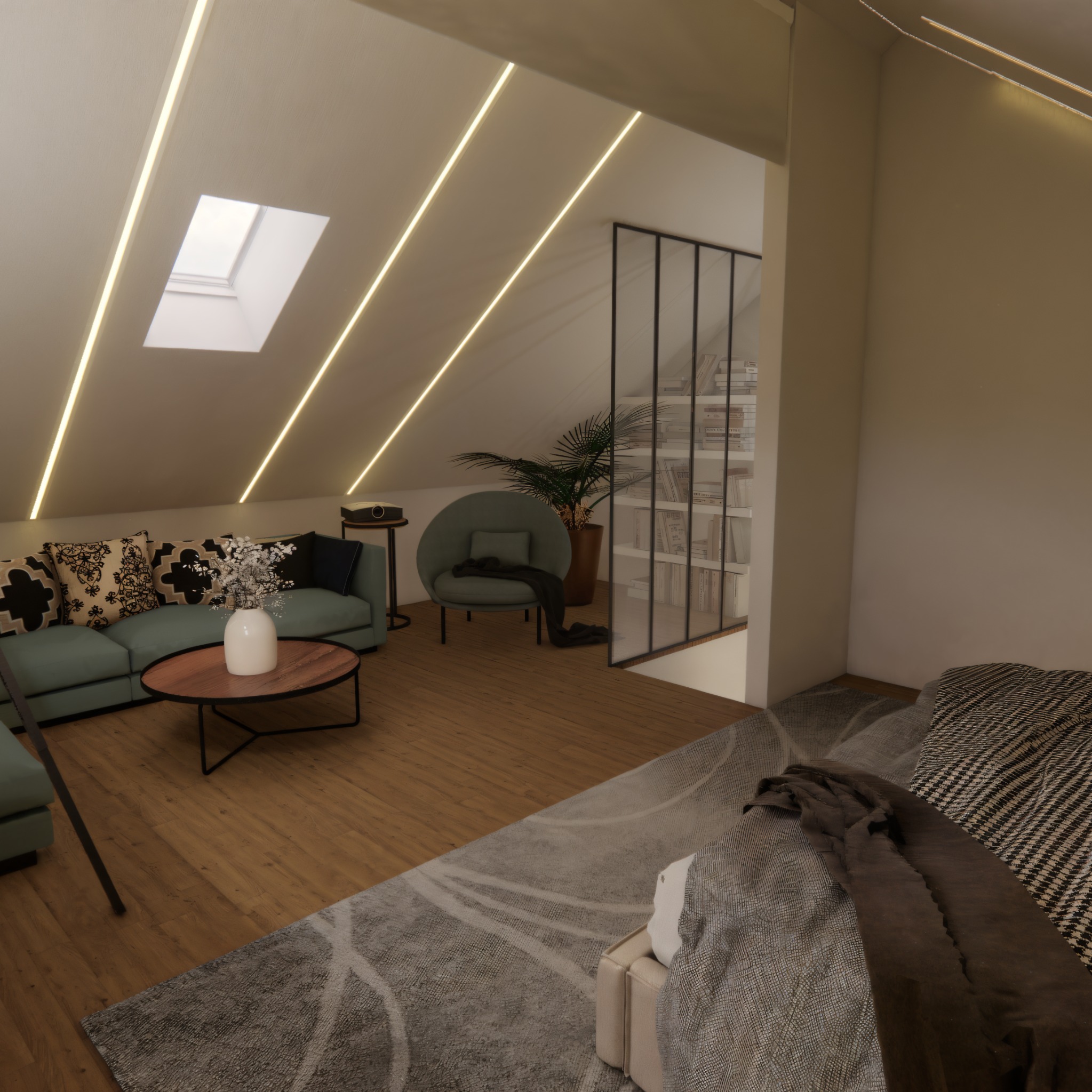 Aranżacja poddasza: turkusowa sofa z wzorzystymi poduszkami, okrągły stolik z wazonem, fotel i regał z książkami. Ukośne ściany z oświetleniem LED i okno dachowe.