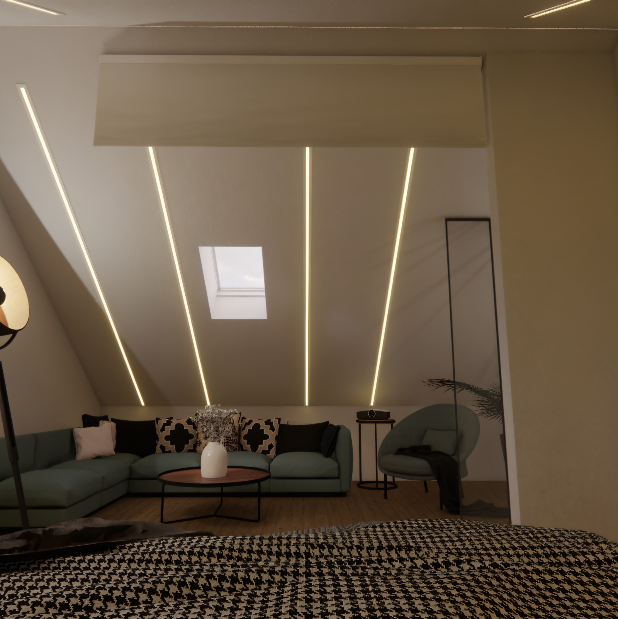 Stylowy salon na poddaszu z oknem dachowym i oświetleniem LED. Turkusowa sofa narożna, okrągły stolik kawowy i fotel tworzą przytulną przestrzeń.