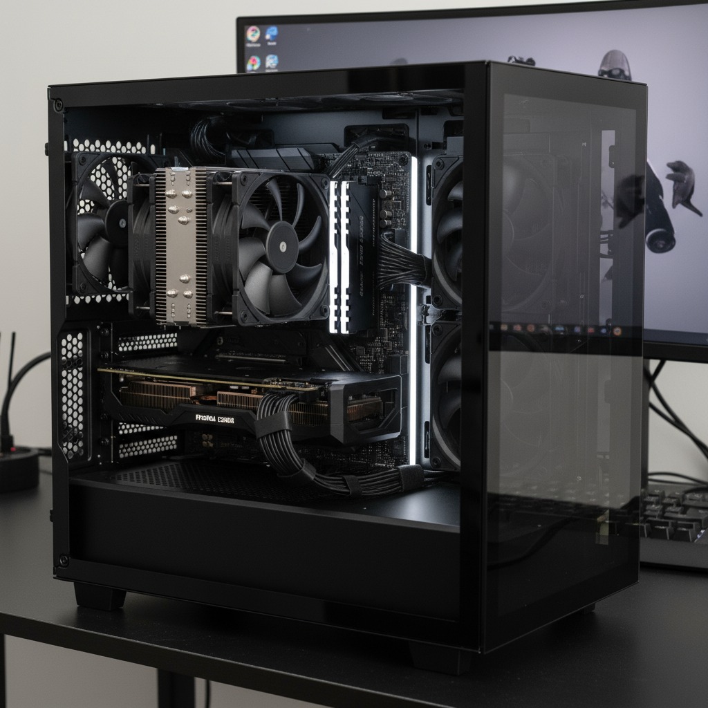 Wnętrze czarnej obudowy komputera z widocznymi podzespołami: karta graficzna, chłodzenie procesora i pamięć RAM z podświetleniem LED. Usługi elektryczne Gdynia.