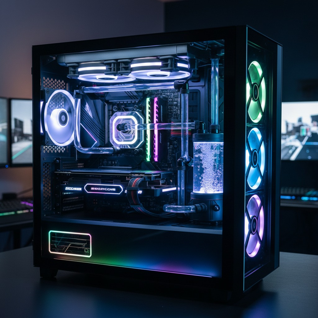 Podświetlony komputer stacjonarny z chłodzeniem wodnym, widoczne wentylatory RGB, przezroczyste rurki i zbiornik z płynem. Nowoczesny design, gamingowy charakter.