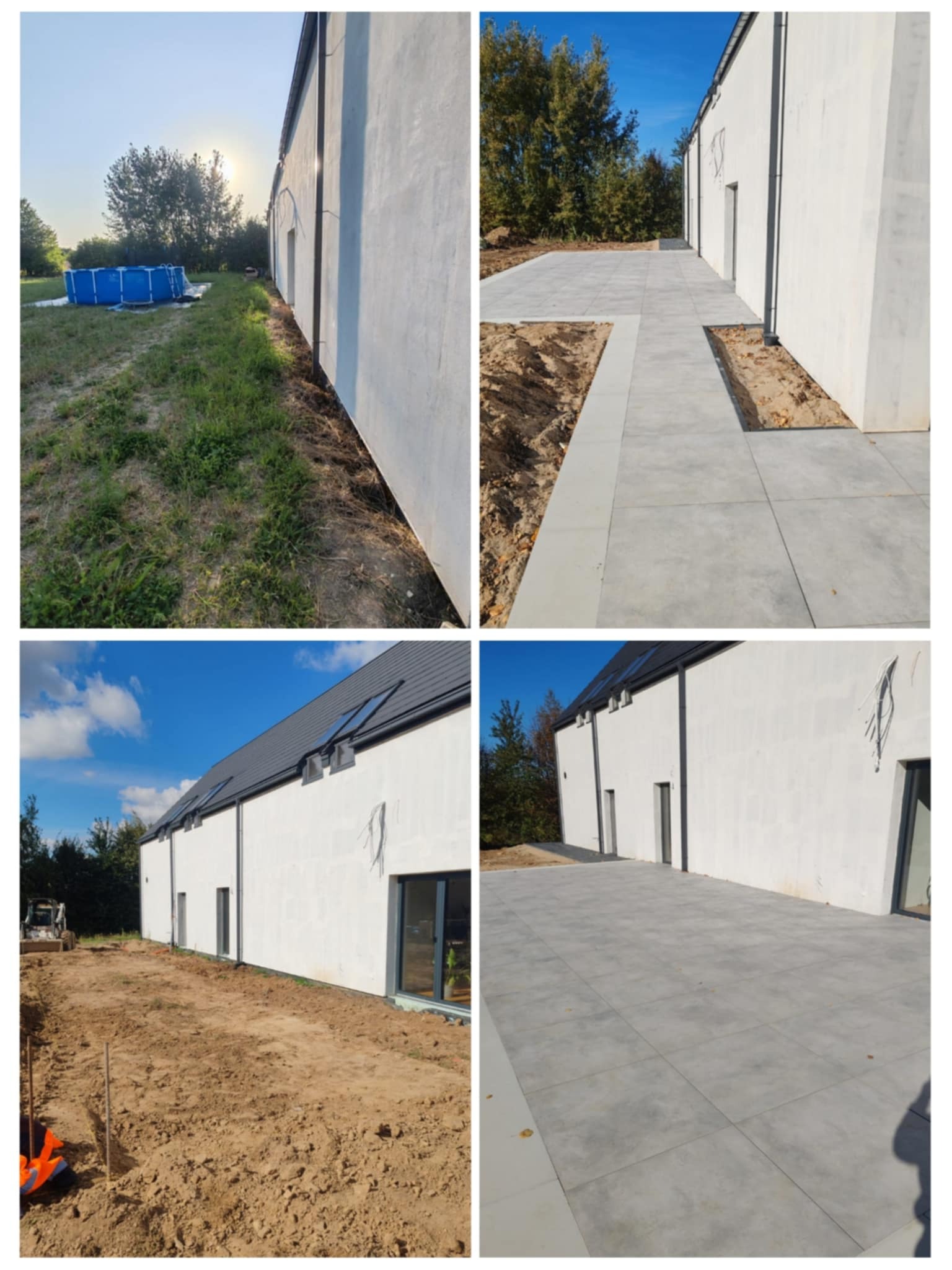 Cztery kadry z budowy: przygotowanie terenu, ułożona kostka przy białym budynku z oknami. W tle drzewa i niebieski basen.