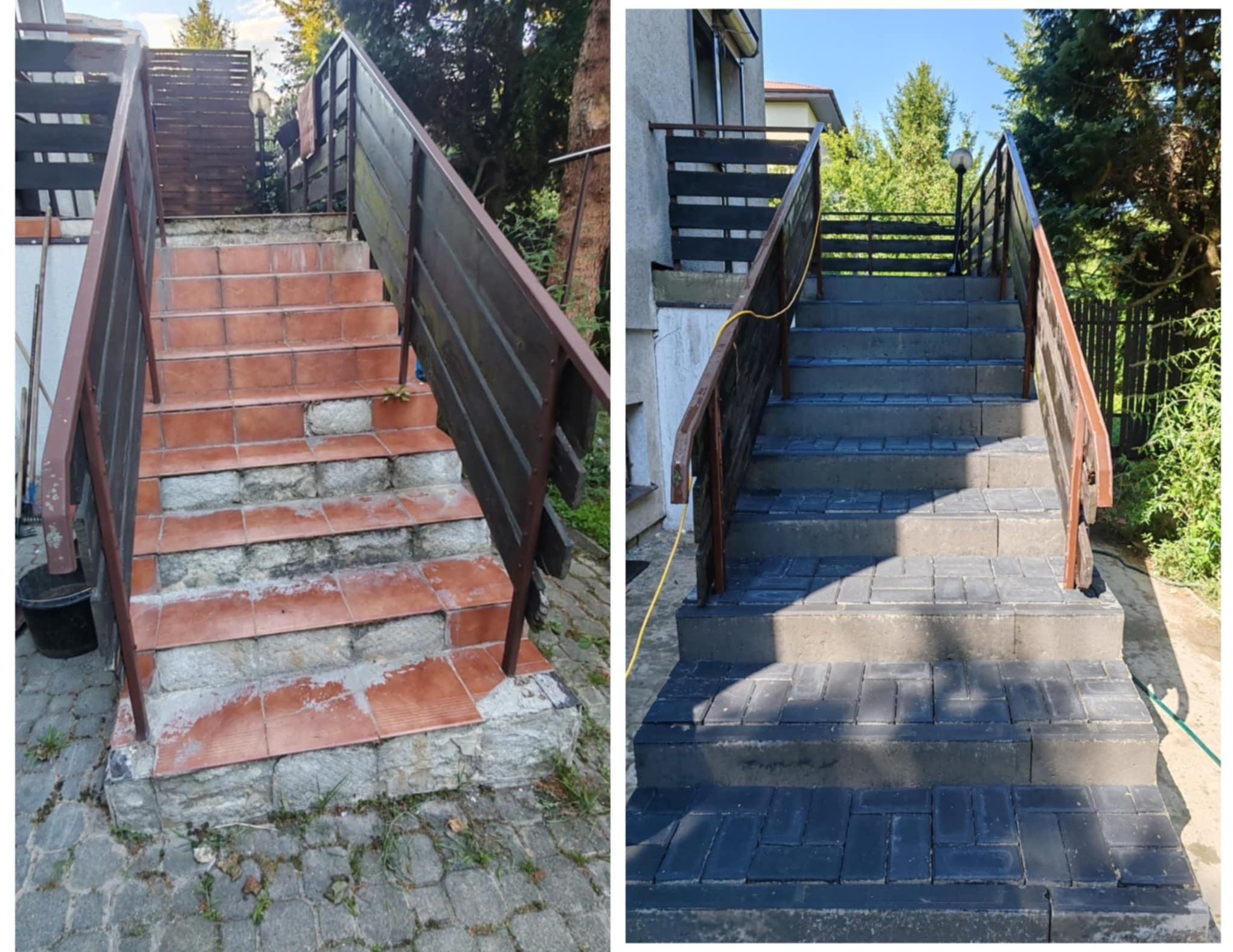 Schody zewnętrzne przed i po renowacji: stare, zniszczone płytki kontra nowe, szare kostki brukowe. Widoczne drewniane barierki i otoczenie zieleni.
