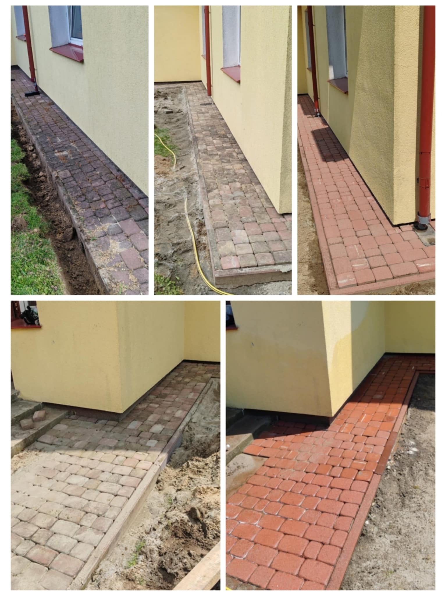 Etapy układania czerwonej kostki brukowej przy budynku z żółtą elewacją. Widoczne wykopy, podsypka i gotowa nawierzchnia. Ujęcie prezentuje postęp prac.