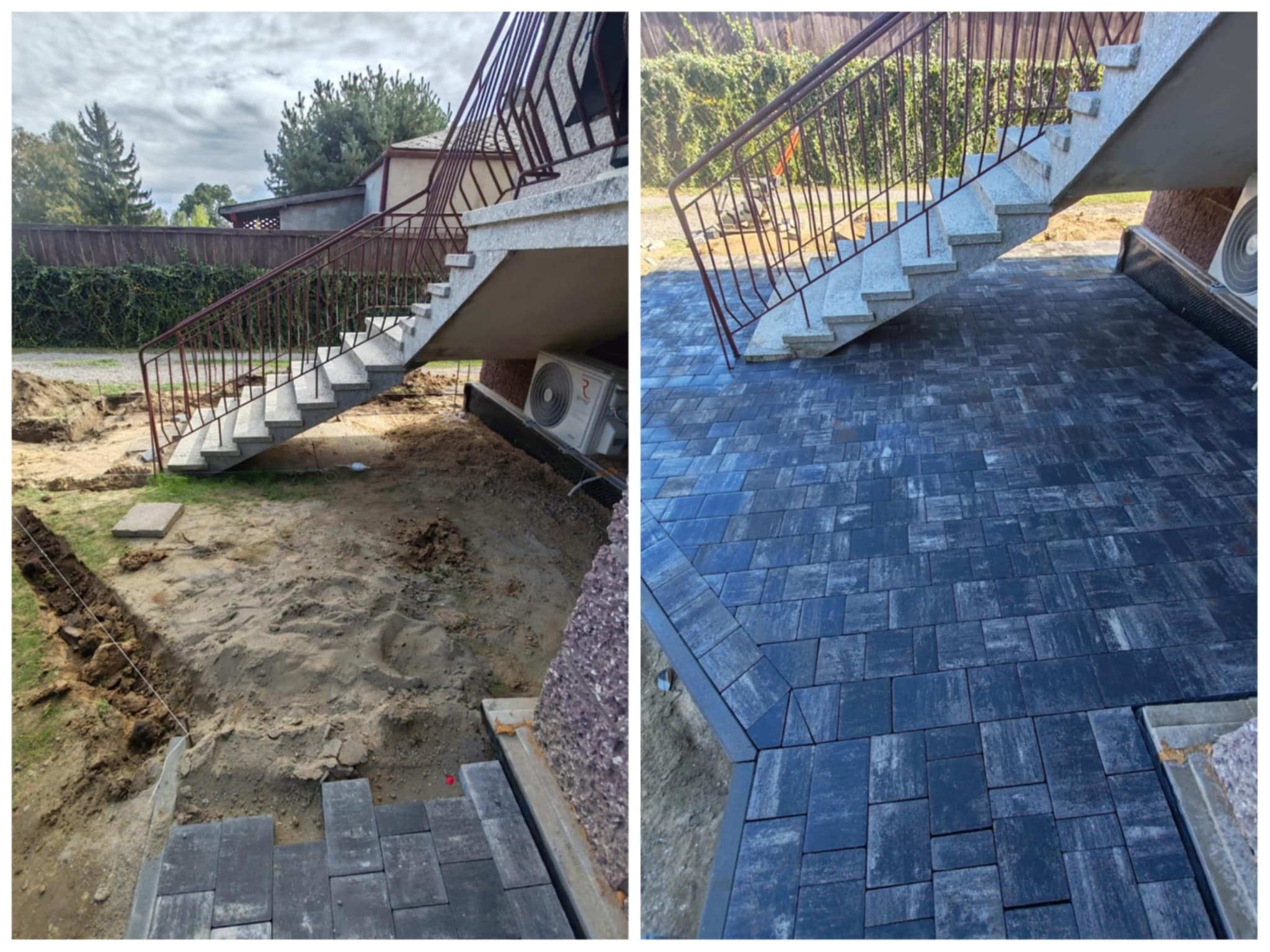 Zdjęcie 'przed i po' prezentujące ułożoną kostkę brukową w odcieniach szarości przy schodach zewnętrznych. Po lewej widoczny teren przed pracami, po prawej efekt końcowy.